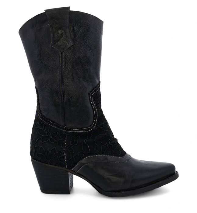 Basanti Side Zipper Black Leather Lace Women's Granny Boots.