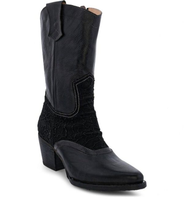 The Basanti Side Zipper Black Leather Lace Women's Granny Boots is a product that features lace detailing.