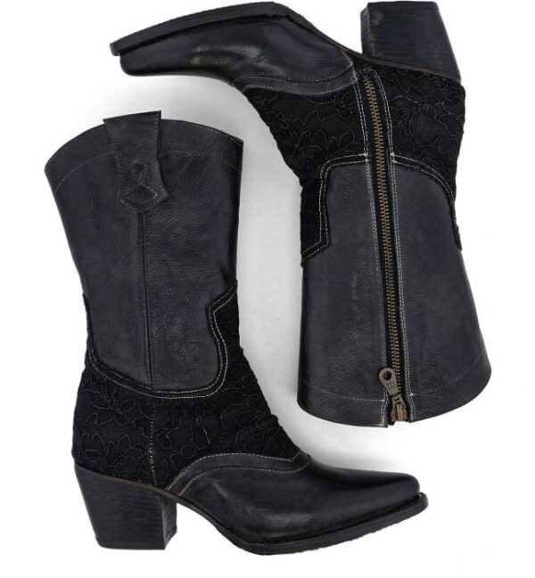 A pair of Basanti Side Zipper Black Leather Lace Women's Granny Boots.