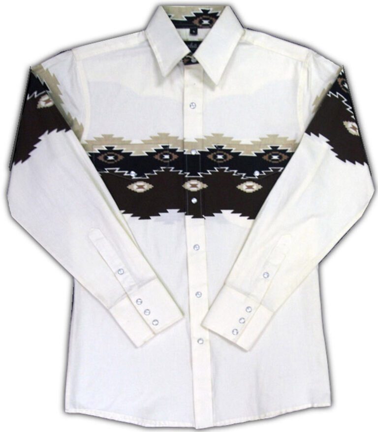 A white shirt with a black and brown pattern.