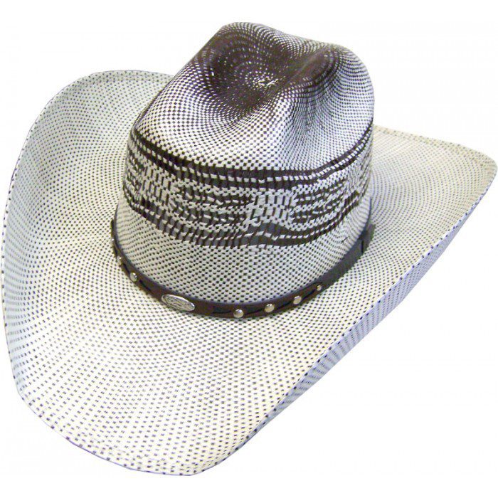 A Two Tone Brown & Ivory Vented Crown 50X Bangora Straw Cowboy Hat on a white background.