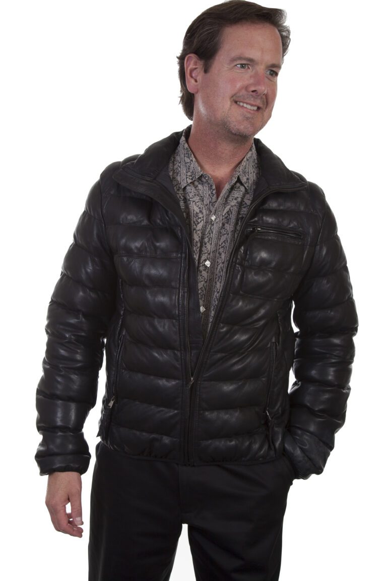 Mens Black Leather Ribbed Puffer Jacket Product Image