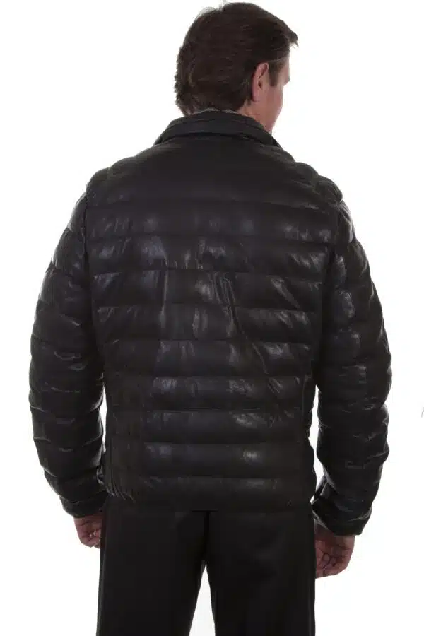 The back of a man wearing a Mens Black Leather Ribbed Puffer Jacket.