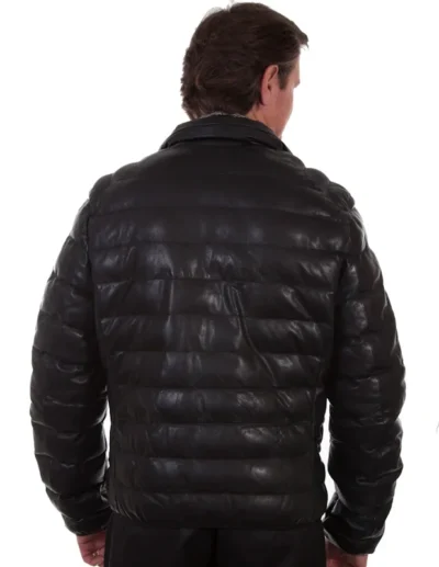 Mens Black Leather Ribbed Puffer Jacket