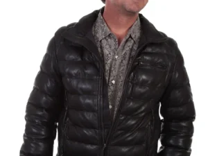 Mens Black Leather Ribbed Puffer Jacket