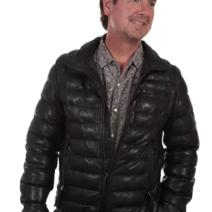 Mens Black Leather Ribbed Puffer Jacket