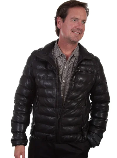 Mens Black Leather Ribbed Puffer Jacket