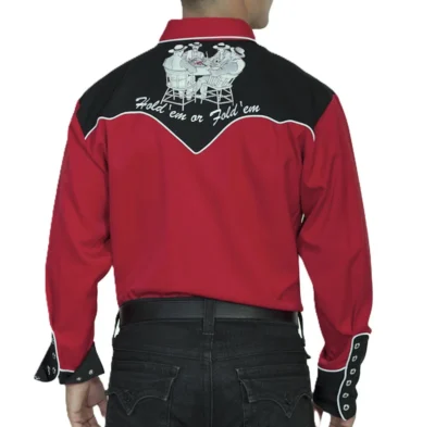 Hold em or fold em Men's Scully Red Retro Cards Embroidered Western shirt.