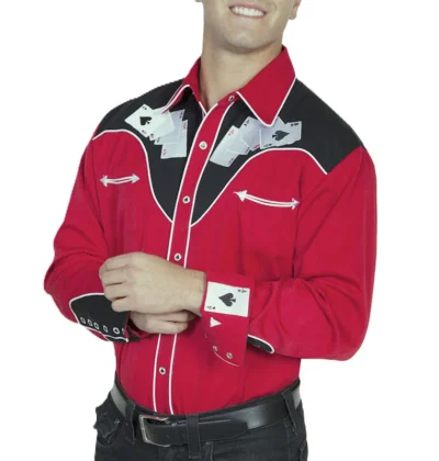 Hold em or fold em Men's Scully Red Retro Cards Embroidered Western shirt.