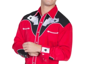 A man wearing a Men's Scully Red Retro Cards Embroidered Western Shirt.