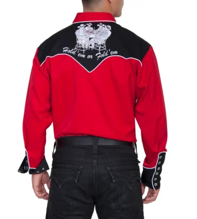 The back view of a man wearing a Men's Scully Red Retro Cards Embroidered Western Shirt.