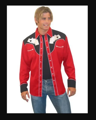 A man wearing a Men's Scully Red Retro Cards Embroidered Western Shirt.