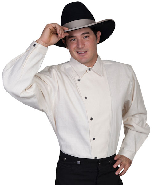 A man wearing a cowboy hat and a Men's 1800's Natural Asymmetric Bib Shirt.