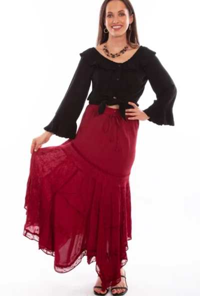 Scully Womens Burgundy Rayon Full Length Western Flair Skirt <ul> <li>100% rayon</li> <li>Full length skirt</li> <li>elastic waist</li> <li>XS to 2XL</li> </ul> •