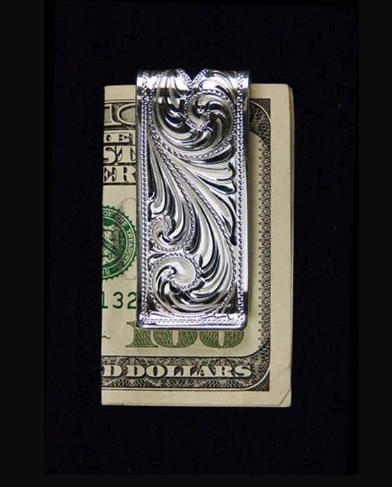Silver Scroll Long Engraved Western Money Clip