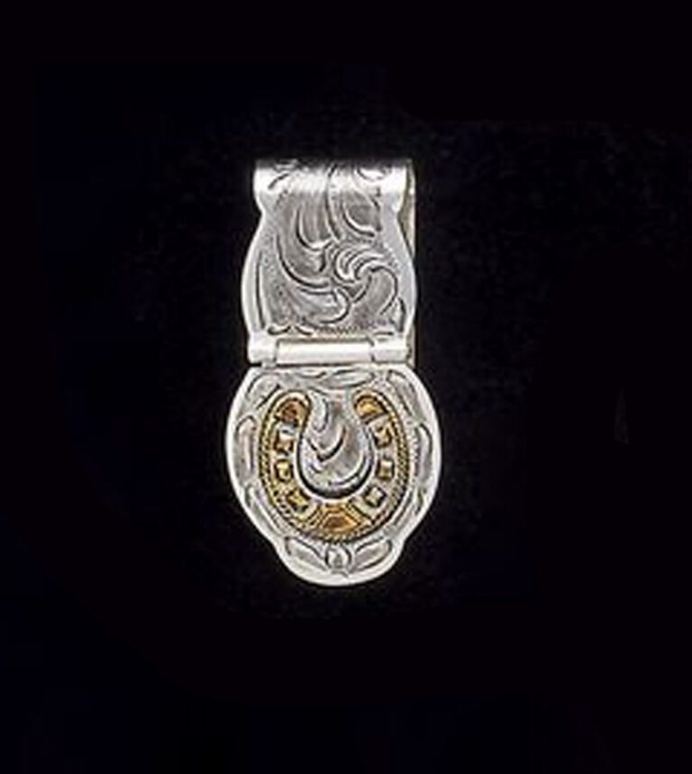A Golden Horseshoe Folding Silver Western Money Clip on a black background.