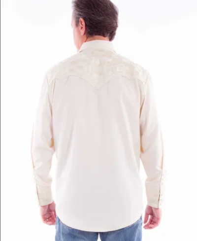 The back view of a man wearing the Men's Scully Gunfighter Ivory Embroidered Western Shirt.