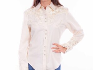 Scully Gunfighter Womens Ivory Embroidered Western Shirt