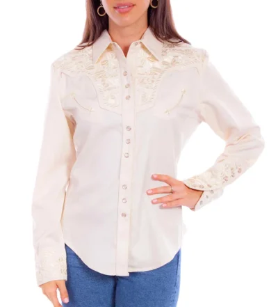 Scully Womens ivory Embroidered Western Shirt