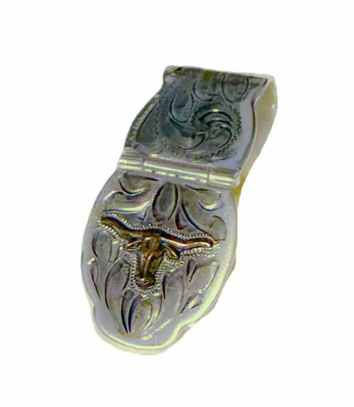 Antiqued Longhorn Silver Western Money Clip - Folding Design 1 Longhorn Folding Silver Western Money Clip - USA Made