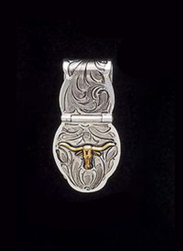 A Longhorn Folding Silver Western Money Clip adorned with a cow skull.