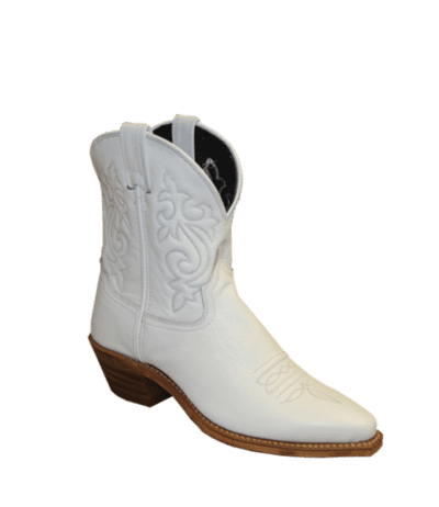 Womens White Leather Short Cowboy Boots USA made on a white background.