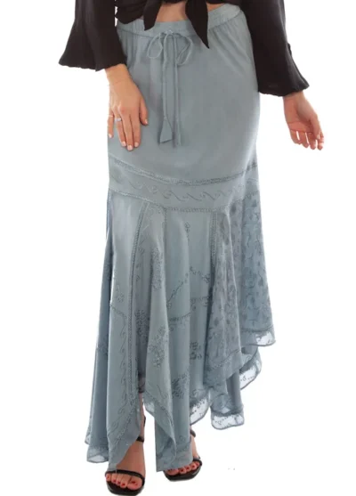 Scully Womens Ash Gray Rayon Full Length Western Flair Skirt <ul> <li>100% rayon</li> <li>Full length skirt</li> <li>elastic waist</li> <li>XS to 2XL</li> </ul> •