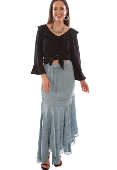 Scully Womens Ash Gray Rayon Full Length Western Flair Skirt <ul> <li>100% rayon</li> <li>Full length skirt</li> <li>elastic waist</li> <li>XS to 2XL</li> </ul> •