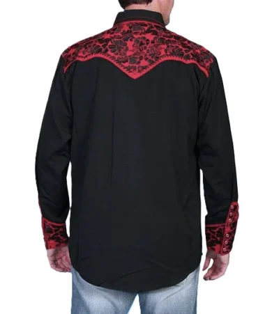 Scully Mens Black and red pearl snap embroidered western shirt