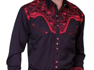 Scully Mens Black and red pearl snap embroidered western shirt