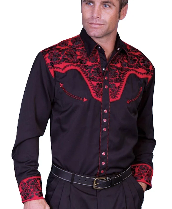 Scully Mens Black and red pearl snap embroidered western shirt