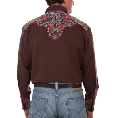 Mens Scully Red rose Embroidered brown Western Shirt