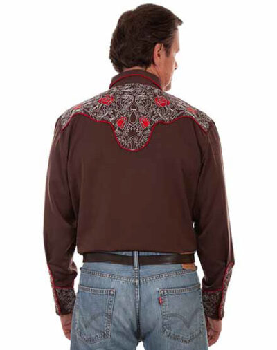The back view of a man wearing a Mens Scully Red Rose Embroidered Brown Western Shirt.