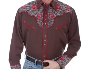 Mens Scully Red rose Embroidered brown Western Shirt