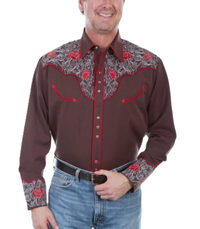 Mens Scully Red rose Embroidered brown Western Shirt