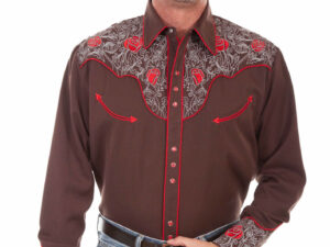 A man wearing a Mens Scully Red Rose Embroidered Brown Western Shirt.