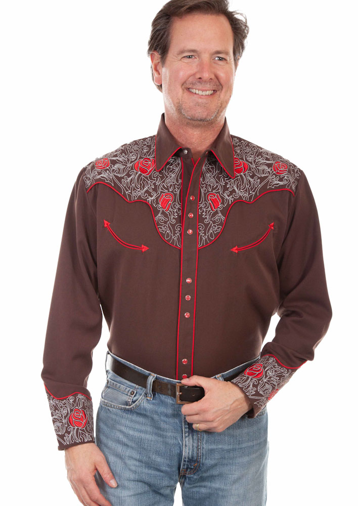 A man wearing a Mens Scully Red Rose Embroidered Brown Western Shirt.