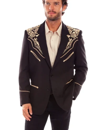 Scully Men's Gunfighter Gold Embroidered Black Western Sport Coat.