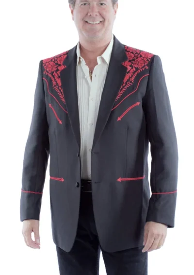 Scully Men's Gunfighter Red Embroidered Black Western Sport Coat.