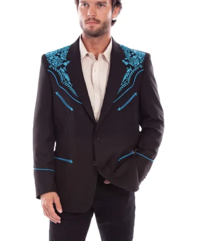 Scully Men's Gunfighter Turquoise Embroidered Black Western Sport Coat.