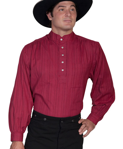 A man wearing a Mens Scully Burgundy Tombstone pull over banded collar shirt and cowboy hat.
