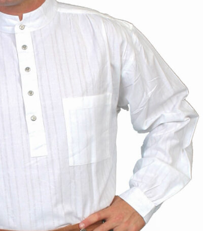 A man wearing a white shirt and brown pants, with a Mens Scully White Tombstone pull over banded collar shirt.