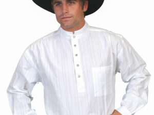 A man wearing a white shirt and cowboy hat, adorned with a Men's Scully White Tombstone pull over banded collar shirt.
