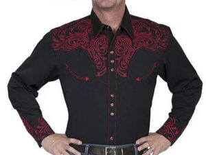 A man wearing a Men's Scully Red Embroidered Black Western Shirt.