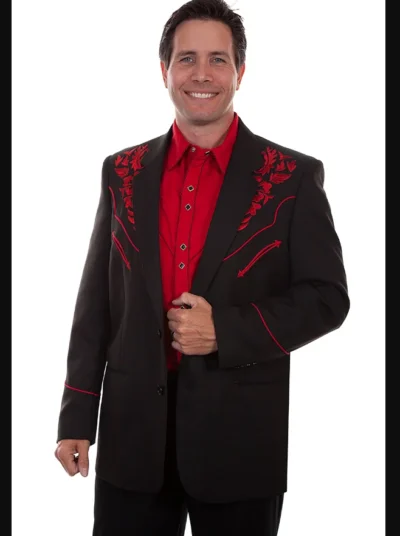 "Crimson Blazes" Mens Scully Red Embroidered Western Blazer <ul style="list-style: square inside none;"> <li>100% Polyester</li> <li>Red Crimson embroidery</li> <li><strong>36-56 Reg: 40 -54 Long</strong></li> </ul> •
