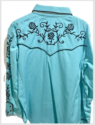 A Lady Ponderosa Scully womens Black Rose Turquoise western shirt with black roses on it.