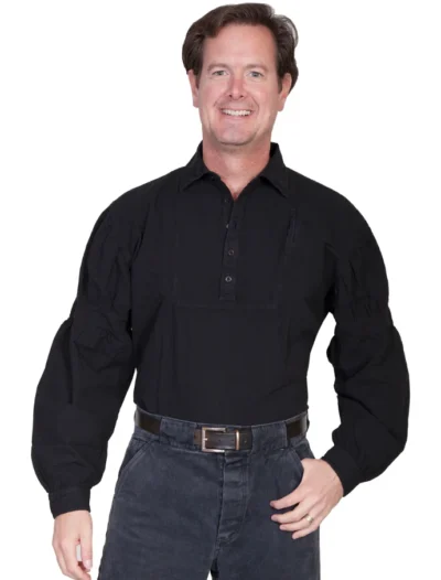 Mens Puffy banded Sleeve Black Old Western Shirt <ul> <li>100% cotton</li> <li>classic pullover shirt</li> <li>inset bib</li> <li>SIZES: SM-4XL</li> </ul> •