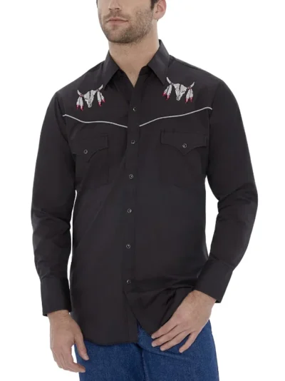 <div class="qsc-html-content"> Men's Skull Head with Feathers Embroidered Black Western Shirt Pearl Snaps <ul style="list-style: square inside none;"> <li>65% poly, 35% Cotton</li> <li>S- 2XL</li> <li>MATCHING WESTERN SHIRTS</li> </ul> </div> •