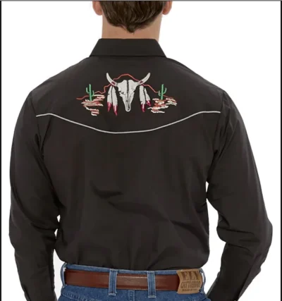 <div class="qsc-html-content"> Men's Skull Head with Feathers Embroidered Black Western Shirt Pearl Snaps <ul style="list-style: square inside none;"> <li>65% poly, 35% Cotton</li> <li>S- 2XL</li> <li>MATCHING WESTERN SHIRTS</li> </ul> </div> •