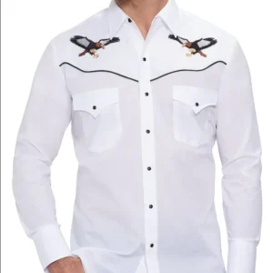 A white button-up shirt with embroidered birds on the chest.